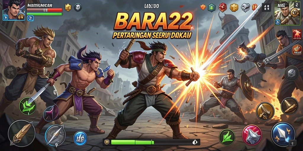 Screenshot utama BARA22 dengan pertarungan karakter yang epik.