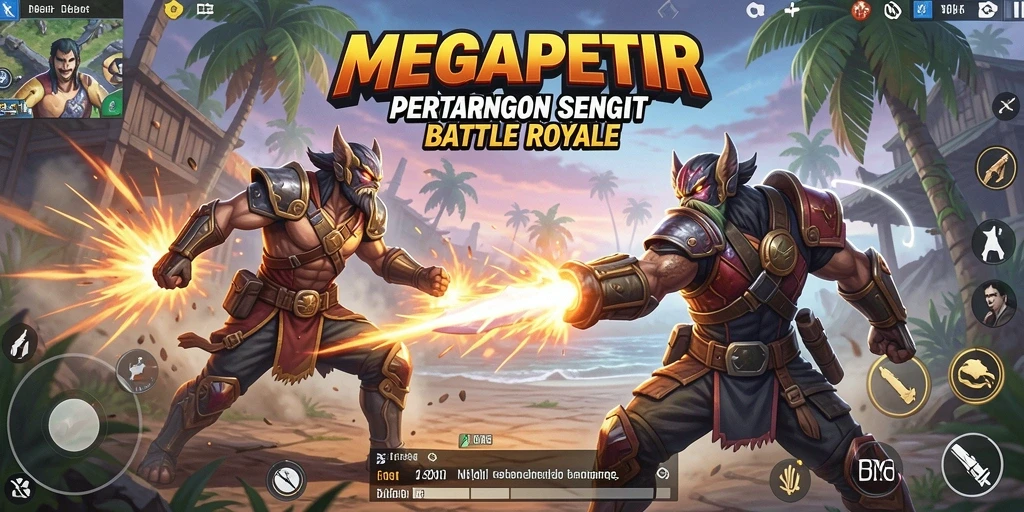 Tangkapan layar utama MEGAPETIR dengan aksi pertarungan Battle Royale yang seru.